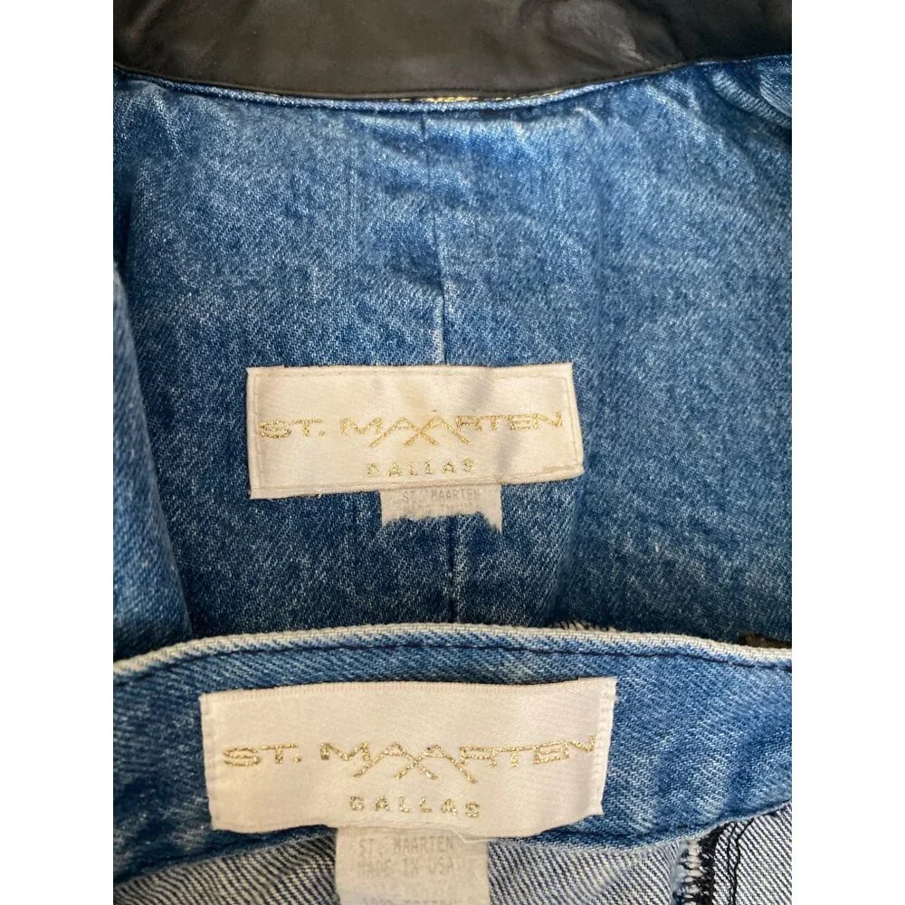 Vintage St. Maarten Dallas Denim Skirt Set Small Vest & Mini Skirt Leopard Trim - Picture 5 of 13
